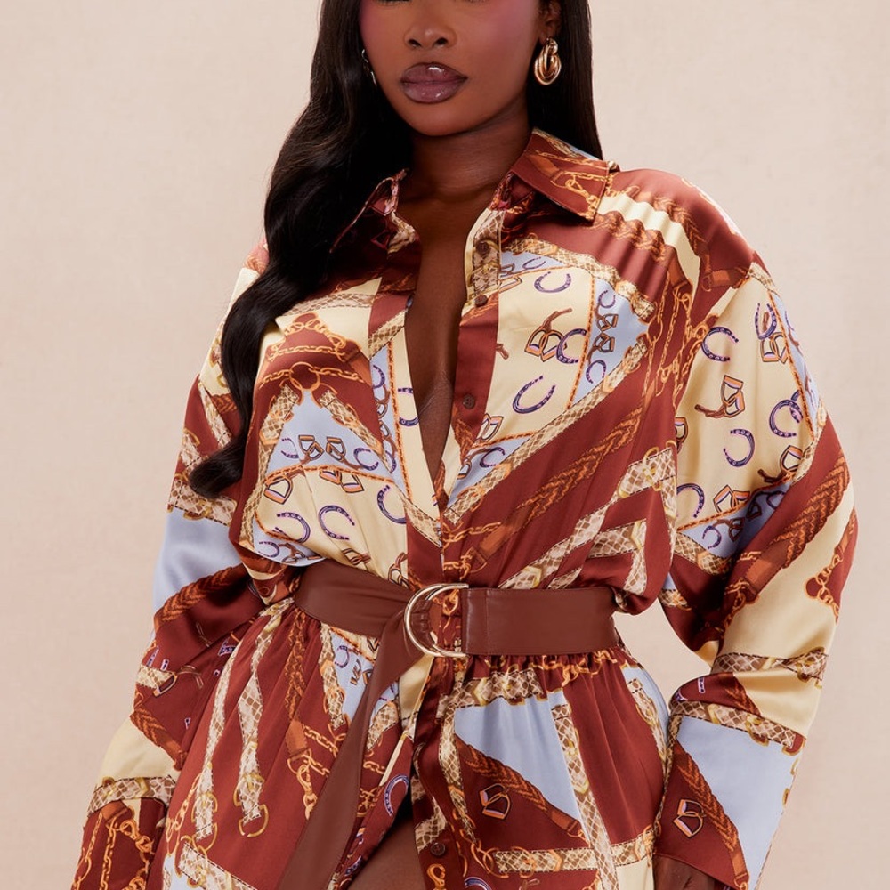 Fashion Nova Brown, Cream & Light Blue Maxi Shirt Dress